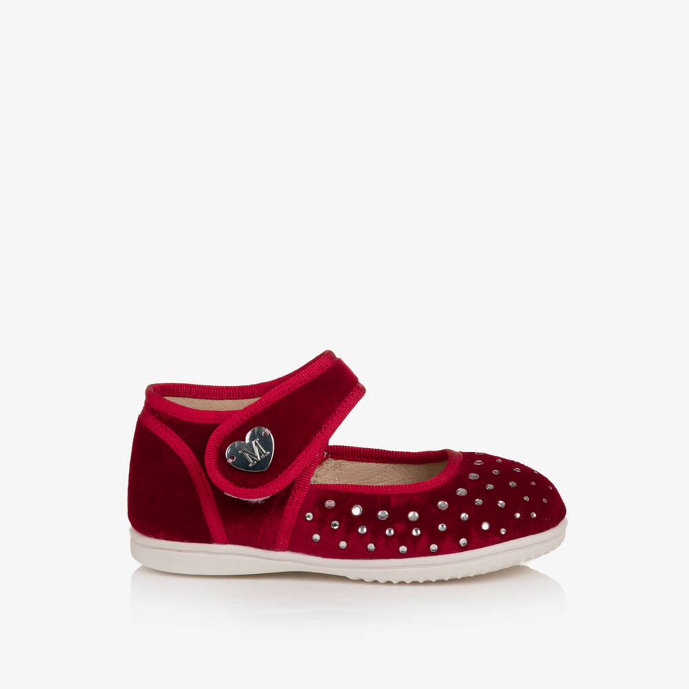 Monnalisa-Girls Red Velvet Bar Shoes with Rhinestones | Childrensalon