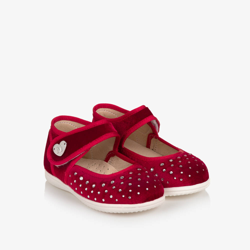 Monnalisa-Girls Red Velvet Bar Shoes with Rhinestones | Childrensalon
