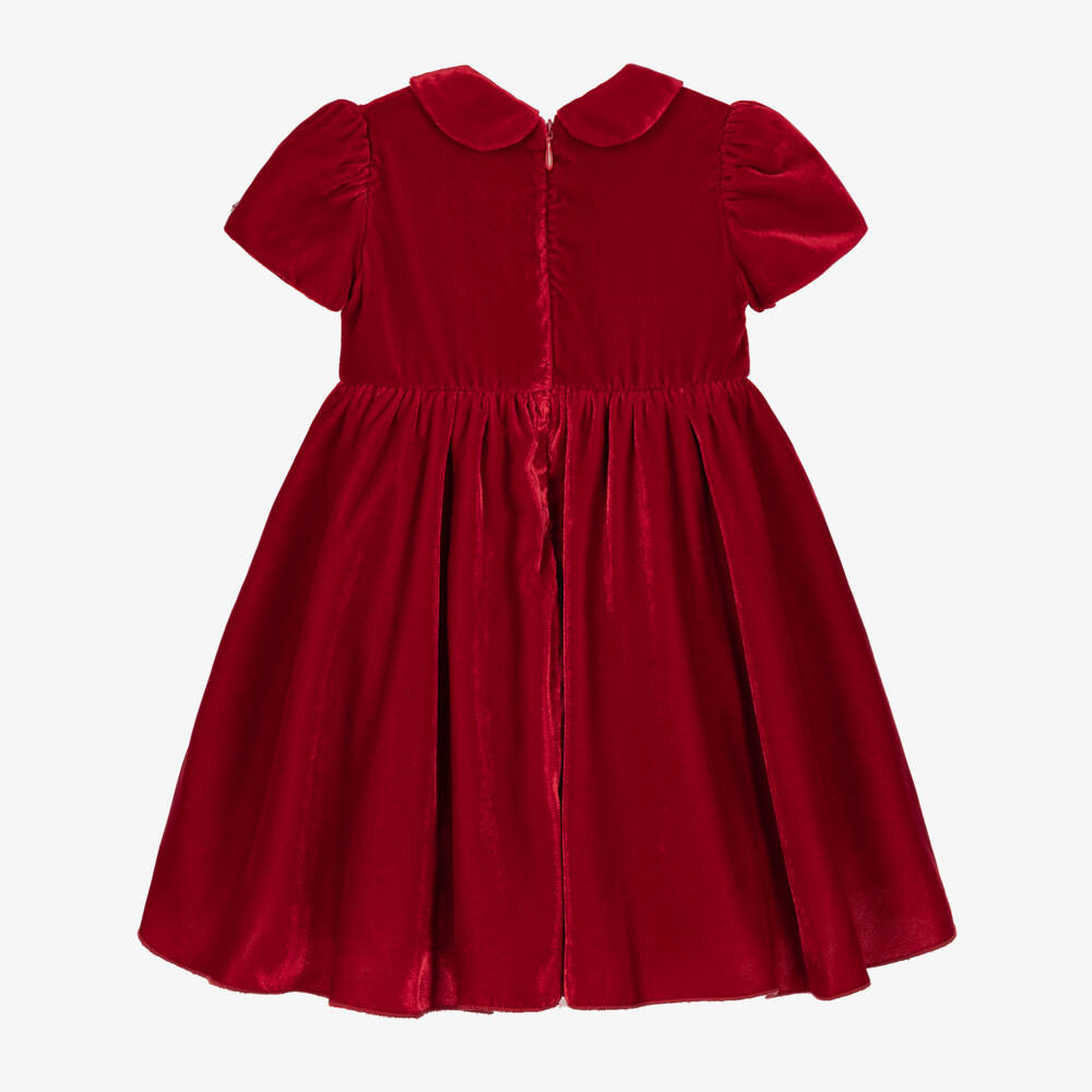 Monnalisa-Girls Ruby Red Velvet Dress with Rose Appliqué | Childrensalon