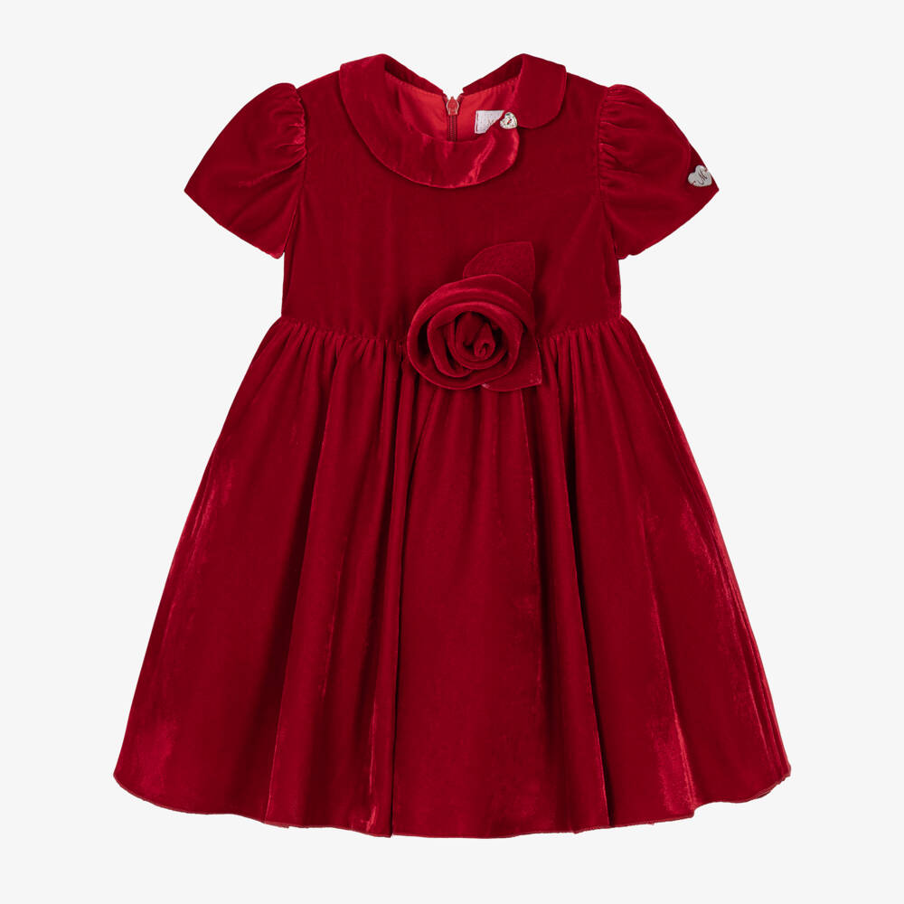 Monnalisa-Girls Ruby Red Velvet Dress with Rose Appliqué | Childrensalon