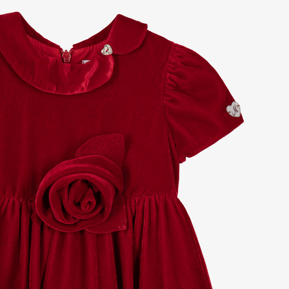 Monnalisa-Girls Ruby Red Velvet Dress with Rose Appliqué | Childrensalon