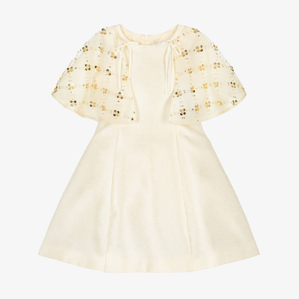 Monnalisa-Girls Shimmering Gold Cape Overlay Dress | Childrensalon