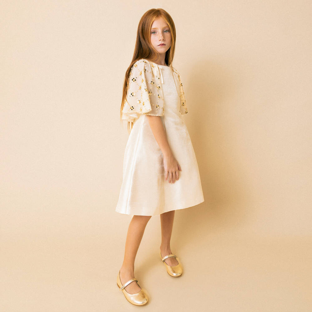 Monnalisa-Girls Shimmering Gold Cape Overlay Dress | Childrensalon