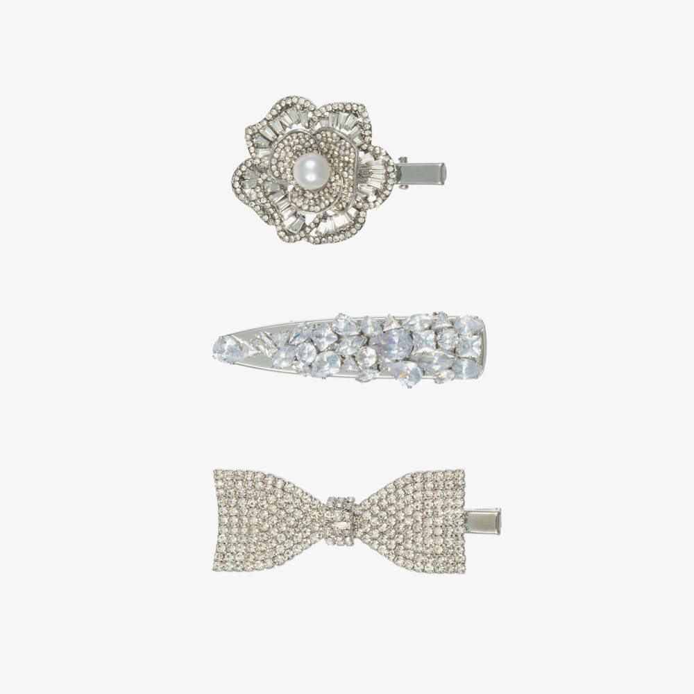 Monnalisa-Girls Silver Flower & Bow Jewelled Hair Clips (3 Pack) | Childrensalon