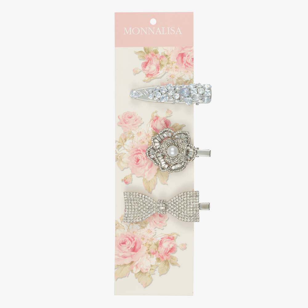 Monnalisa-Girls Silver Flower & Bow Jewelled Hair Clips (3 Pack) | Childrensalon