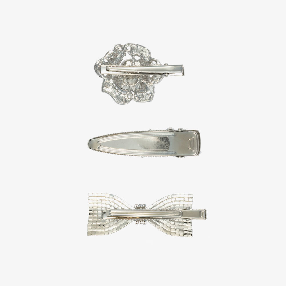 Monnalisa-Girls Silver Flower & Bow Jewelled Hair Clips (3 Pack) | Childrensalon