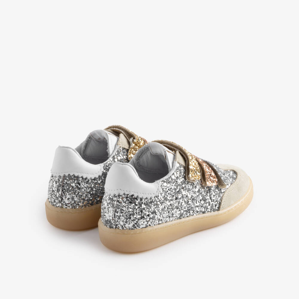 Monnalisa-Girls Silver Glitter Leather Trainers with Velcro | Childrensalon