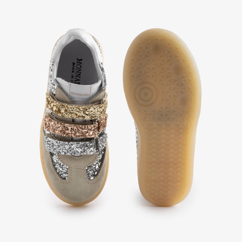 Monnalisa-Girls Silver Glitter Leather Trainers with Velcro | Childrensalon