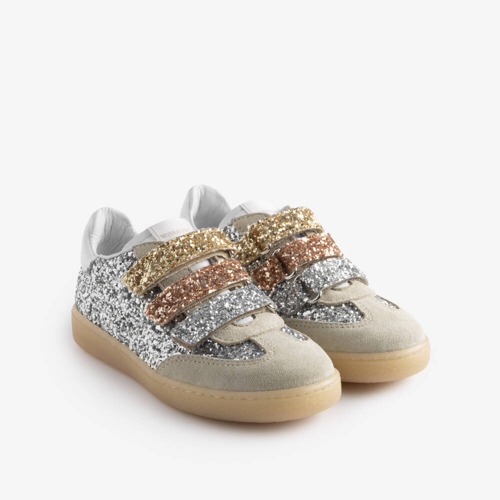 Monnalisa-Girls Silver Glitter Leather Trainers with Velcro | Childrensalon