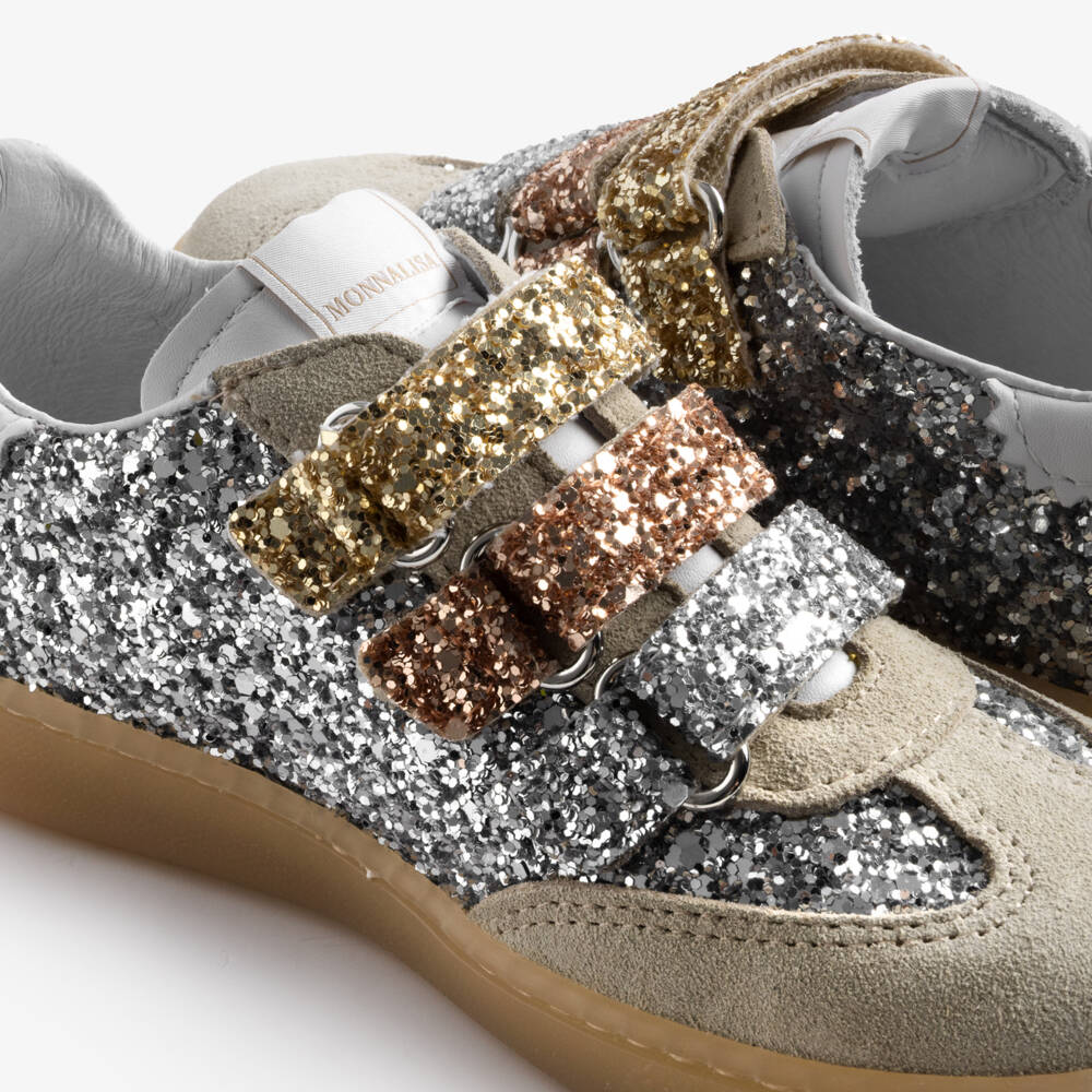 Monnalisa-Girls Silver Glitter Leather Trainers with Velcro | Childrensalon