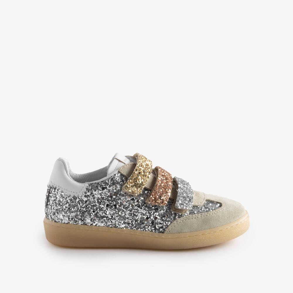 Monnalisa-Girls Silver Glitter Leather Trainers with Velcro | Childrensalon