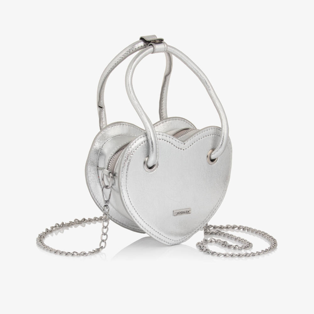 Monnalisa-Girls Silver Heart Faux Leather Handbag (18cm) | Childrensalon