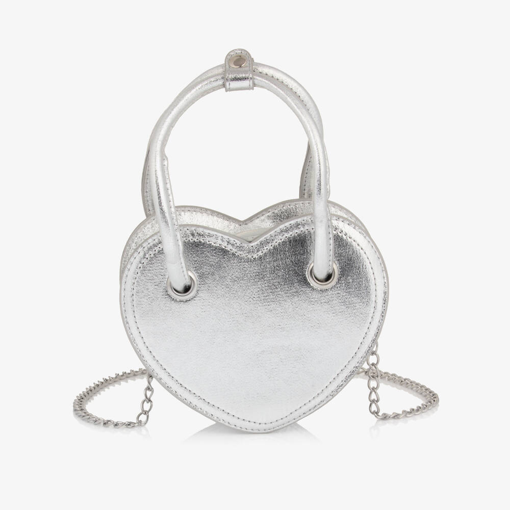 Monnalisa-Girls Silver Heart Faux Leather Handbag (18cm) | Childrensalon