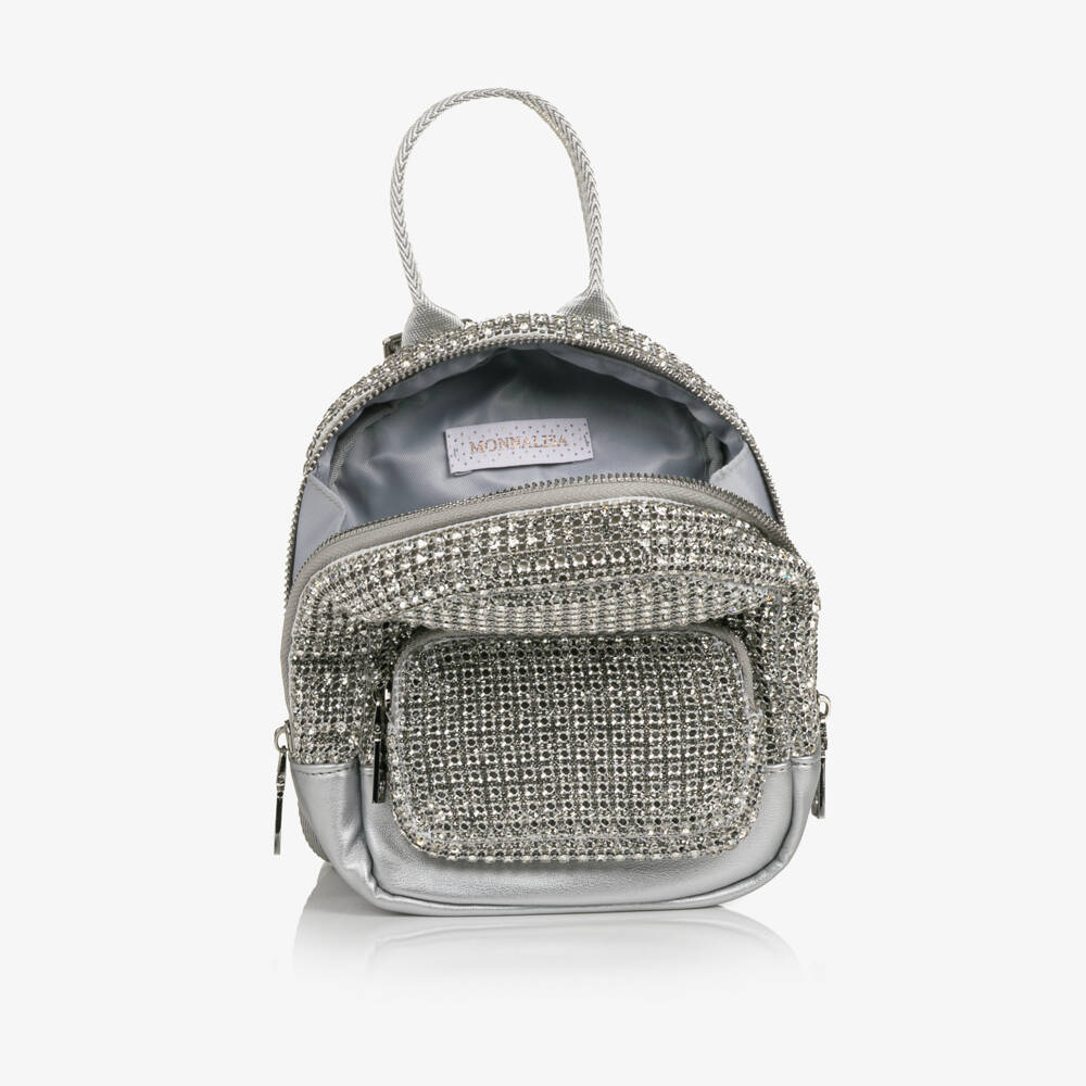 Monnalisa-Girls Silver Rhinestones Mini Backpack (18cm) | Childrensalon