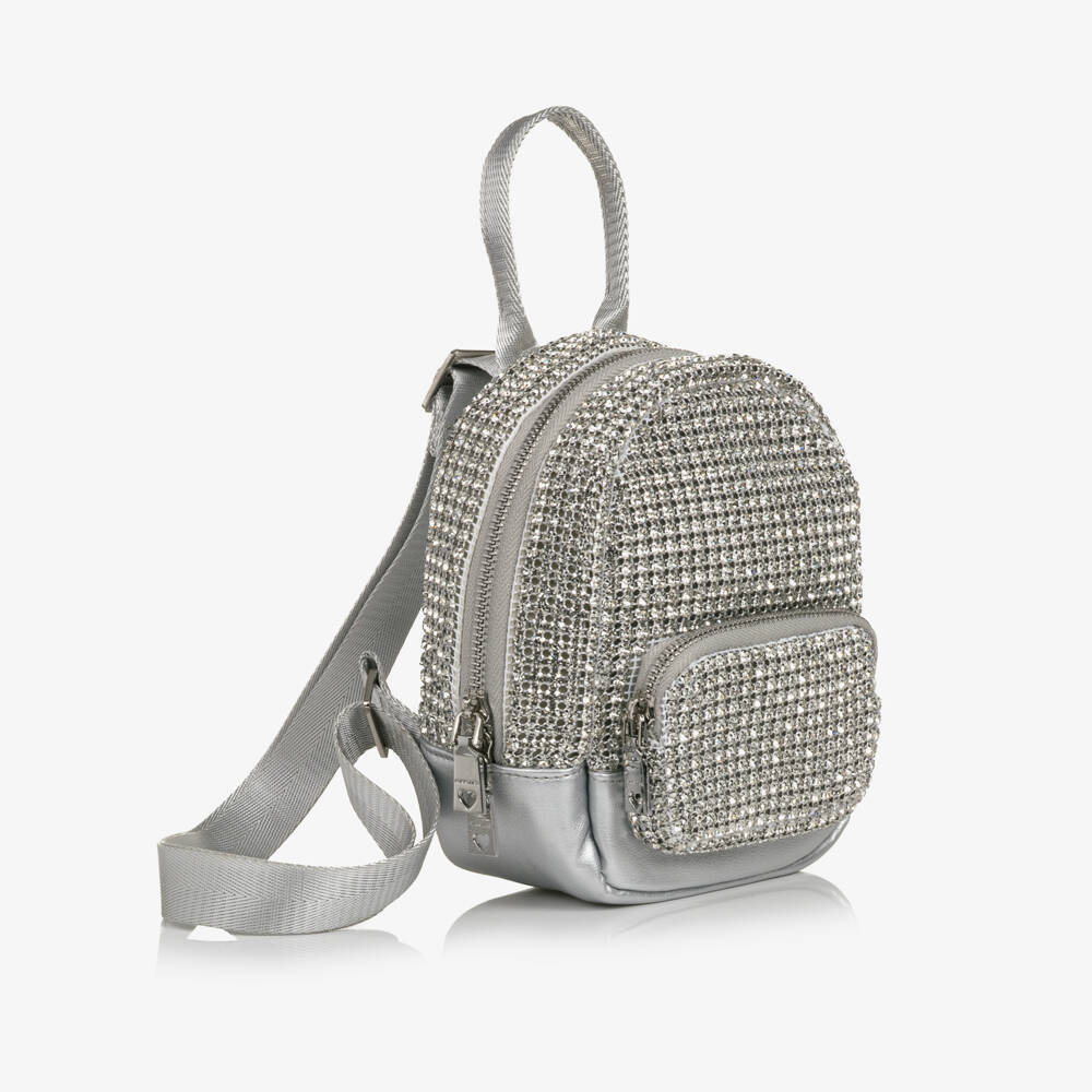 Monnalisa-Girls Silver Rhinestones Mini Backpack (18cm) | Childrensalon