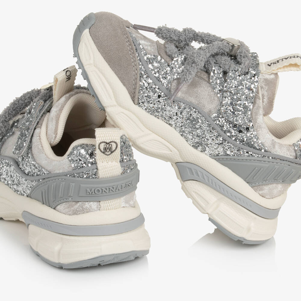 Monnalisa-Girls Silver Velour & Glitter Velcro Trainers | Childrensalon