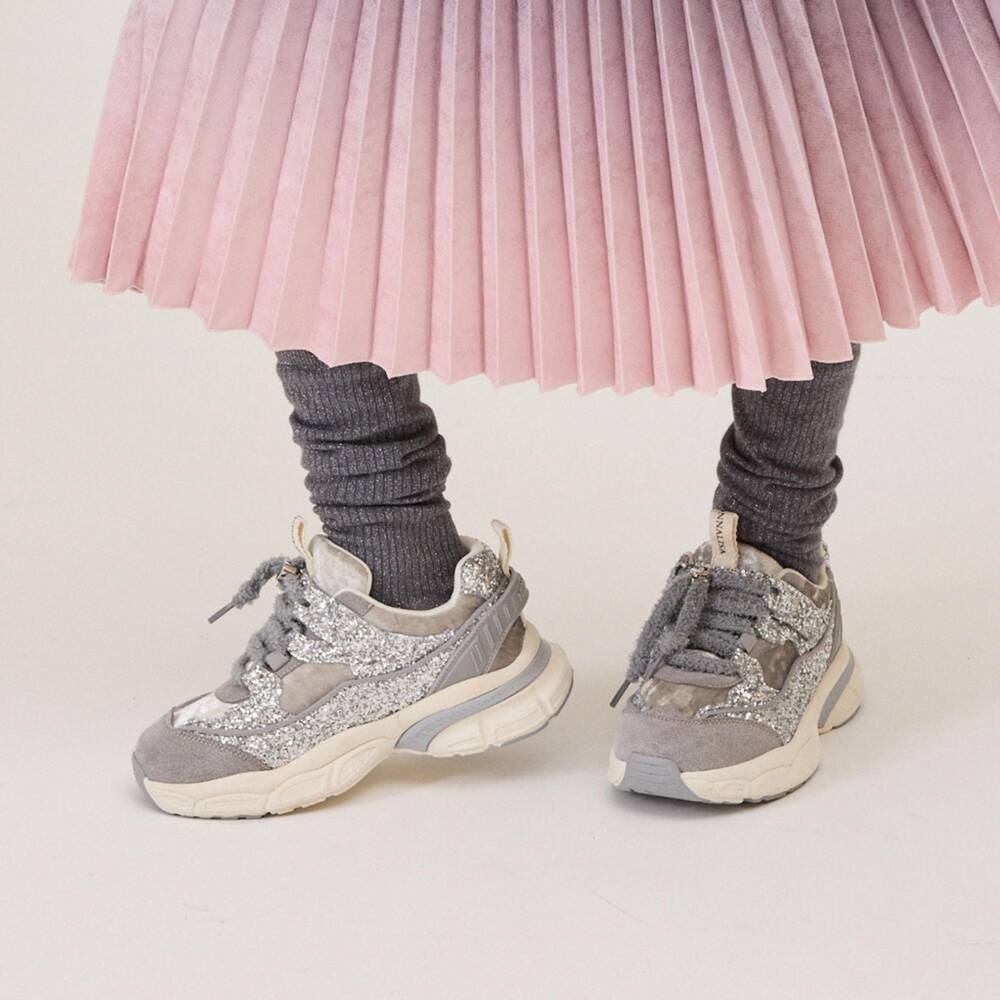 Monnalisa-Girls Silver Velour & Glitter Velcro Trainers | Childrensalon