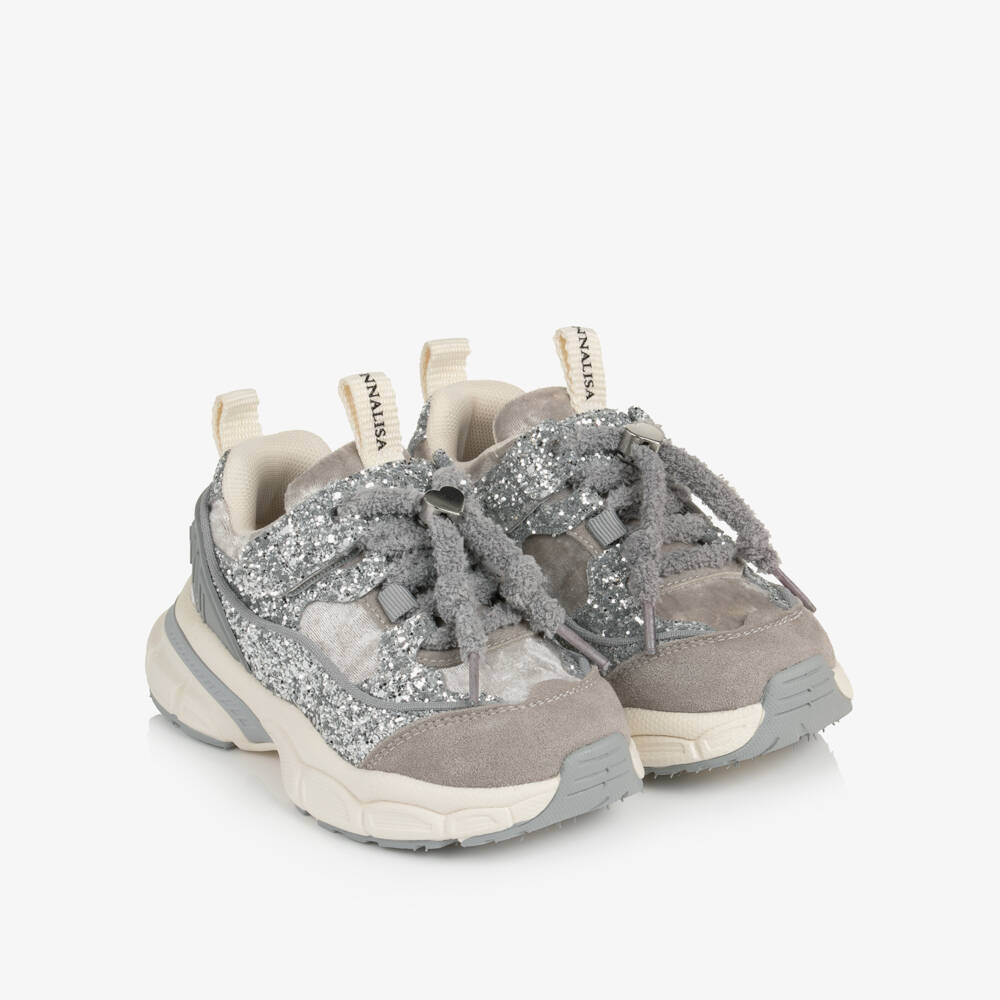 Monnalisa-Girls Silver Velour & Glitter Velcro Trainers | Childrensalon