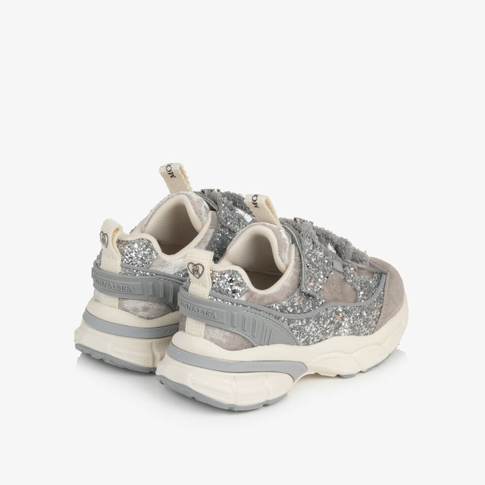 Monnalisa-Girls Silver Velour & Glitter Velcro Trainers | Childrensalon