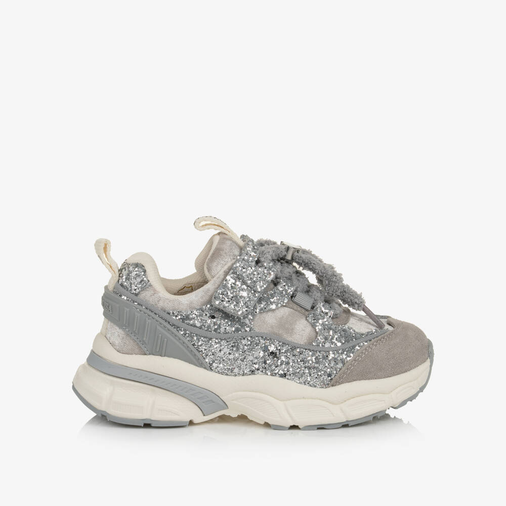 Monnalisa-Girls Silver Velour & Glitter Velcro Trainers | Childrensalon