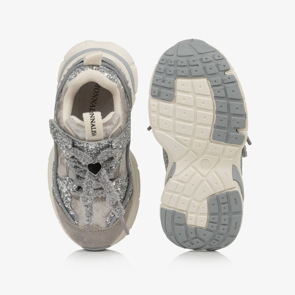 Monnalisa-Girls Silver Velour & Glitter Velcro Trainers | Childrensalon