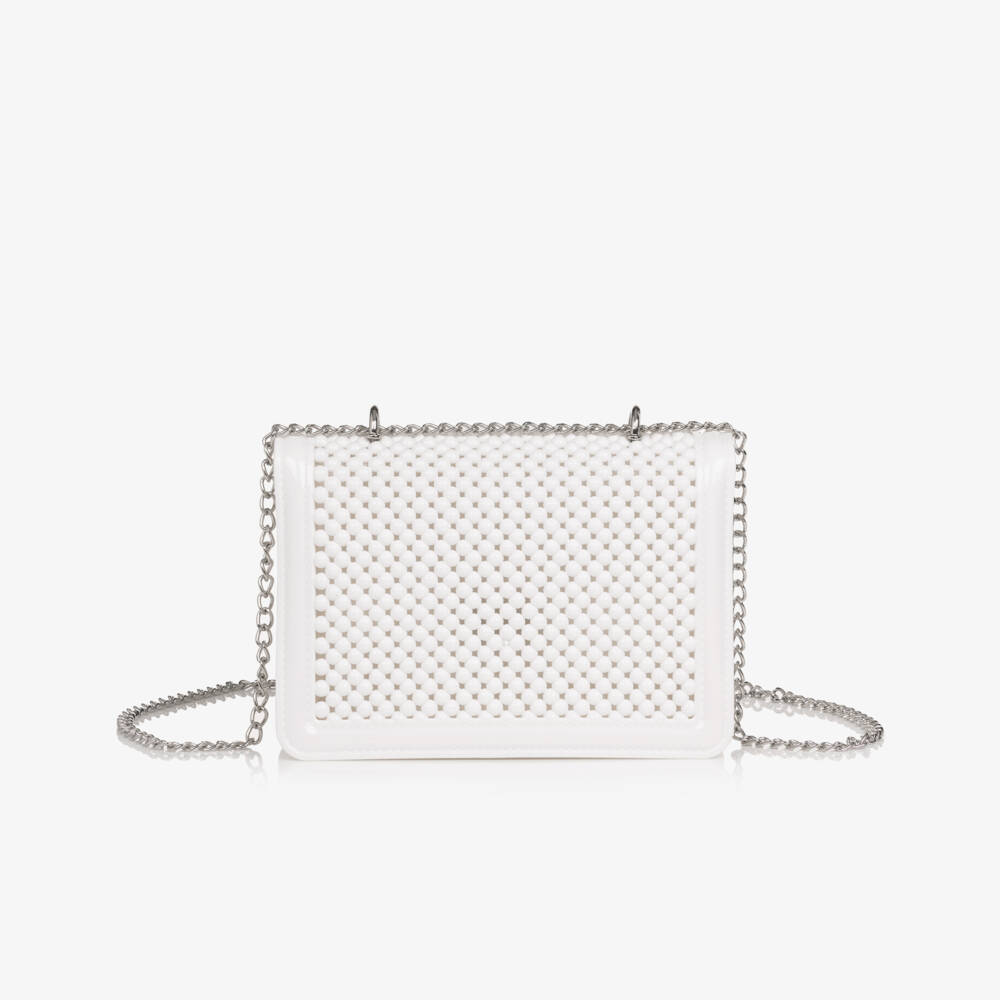 Monnalisa-Girls White Bead Bag with Silver Chain Handle (18cm) | Childrensalon