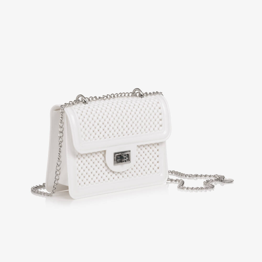 Monnalisa-Girls White Bead Bag with Silver Chain Handle (18cm) | Childrensalon