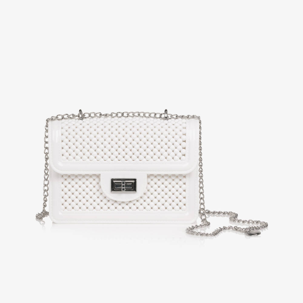 Monnalisa-Girls White Bead Bag with Silver Chain Handle (18cm) | Childrensalon