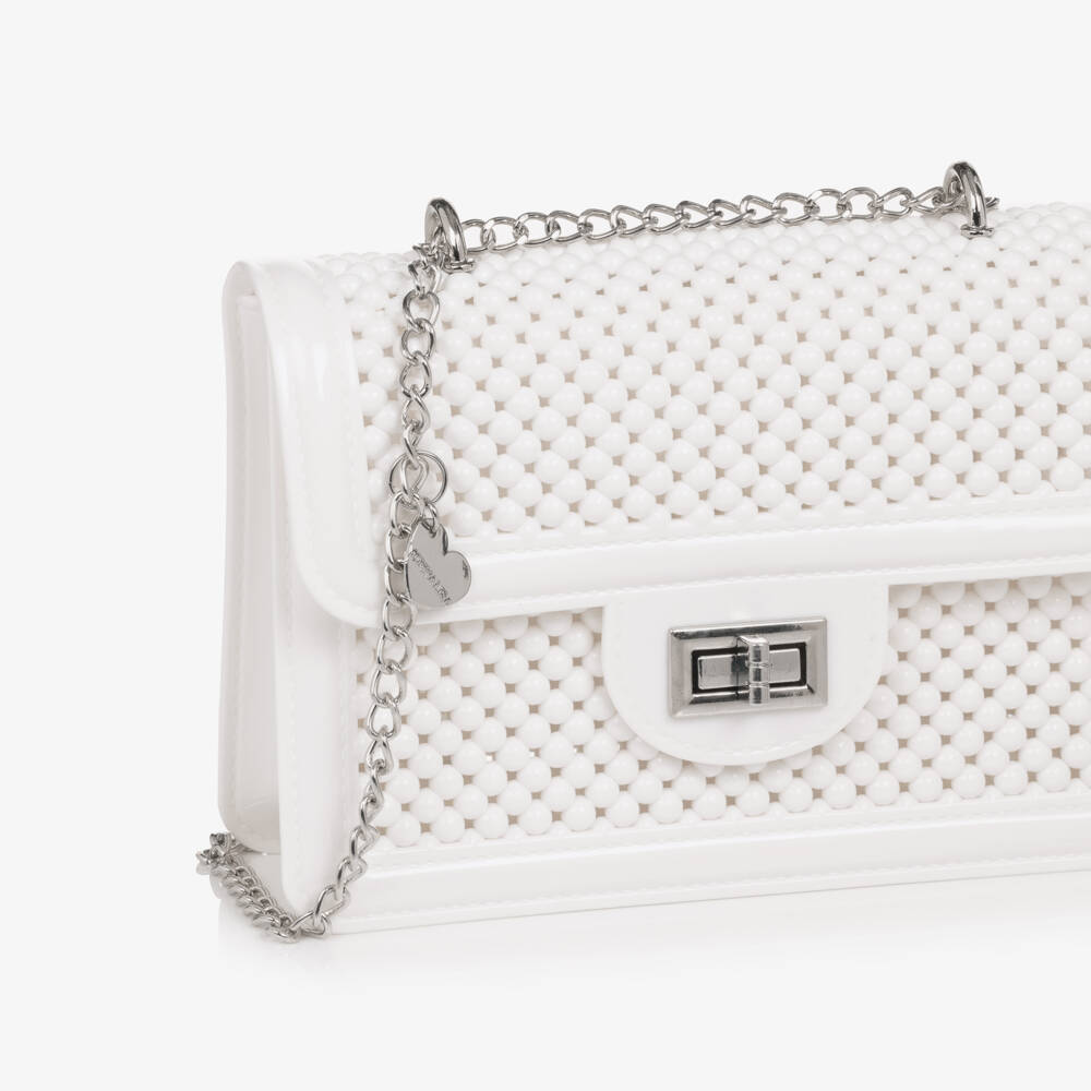 Monnalisa-Girls White Bead Bag with Silver Chain Handle (18cm) | Childrensalon