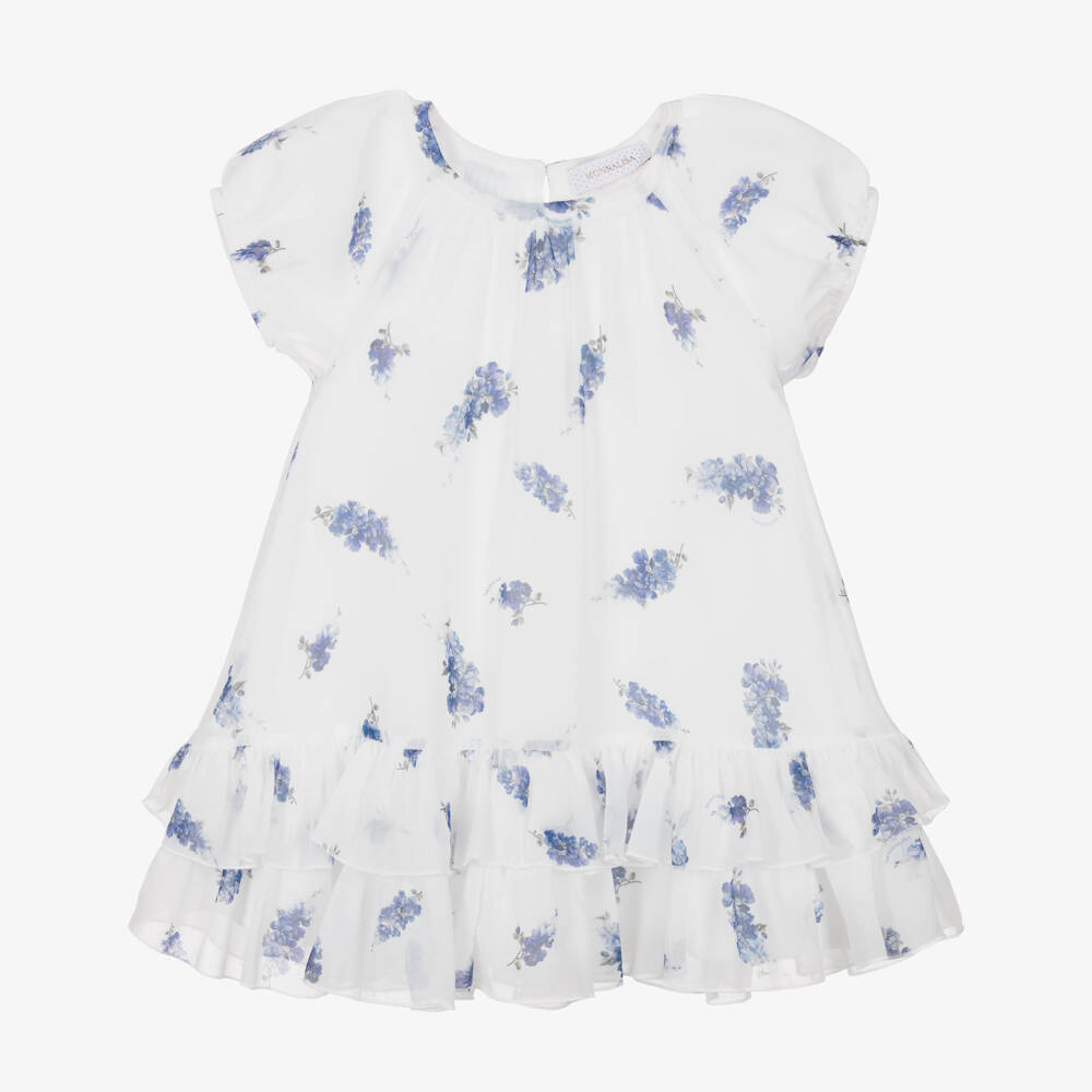 Monnalisa Chic-Girls White & Blue Floral Crêpe Chiffon Dress | Childrensalon