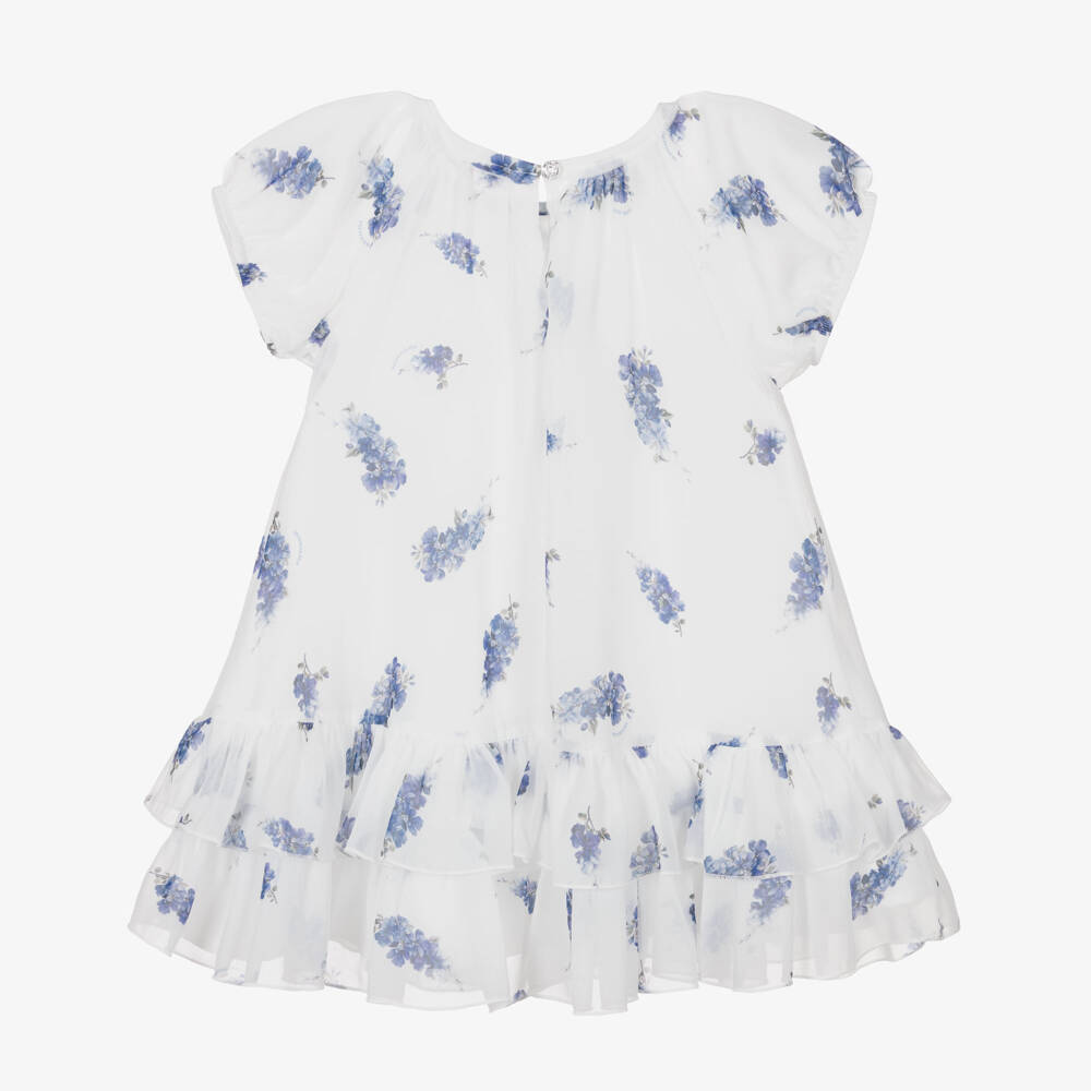 Monnalisa Chic-Girls White & Blue Floral Crêpe Chiffon Dress | Childrensalon