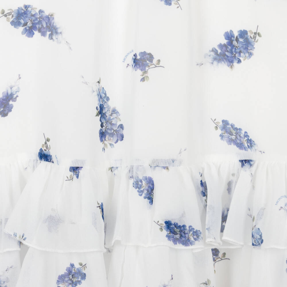 Monnalisa Chic-Girls White & Blue Floral Crêpe Chiffon Dress | Childrensalon