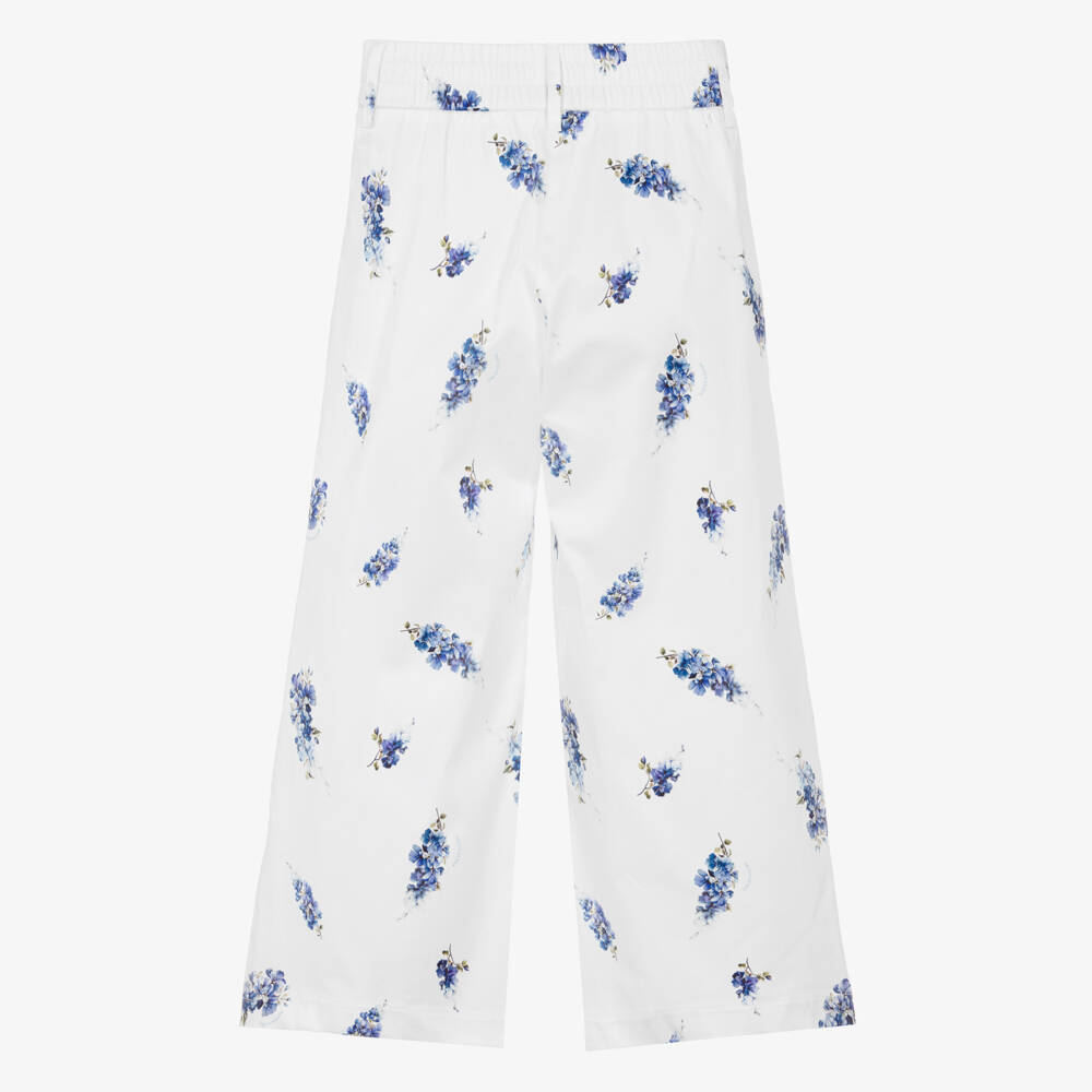 Monnalisa Chic-Girls White & Blue Floral Print Cotton Wide-Leg Trousers | Childrensalon