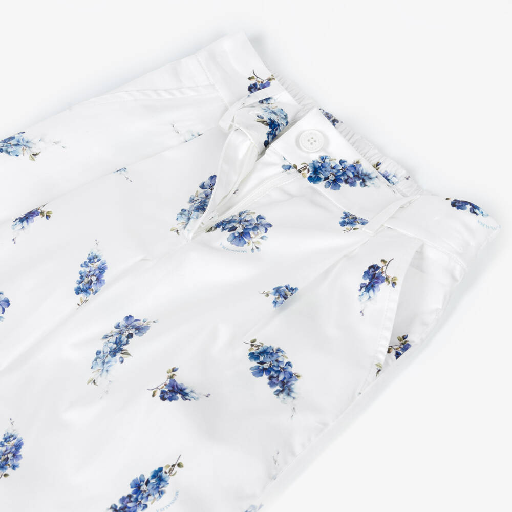 Monnalisa Chic-Girls White & Blue Floral Print Cotton Wide-Leg Trousers | Childrensalon