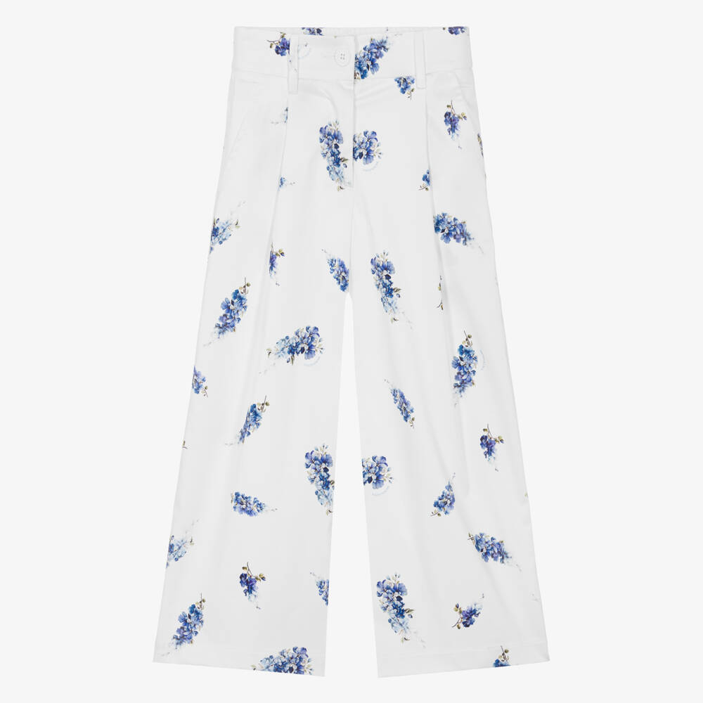 Monnalisa Chic-Girls White & Blue Floral Print Cotton Wide-Leg Trousers | Childrensalon