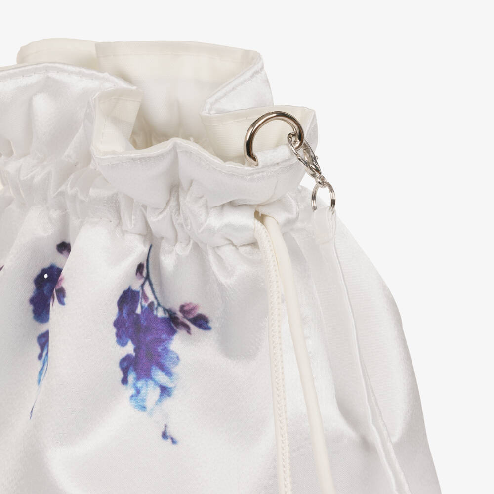 Monnalisa Шик-Girls White & Blue Floral Satin Drawstring Bag (23cm) | Childrensalon
