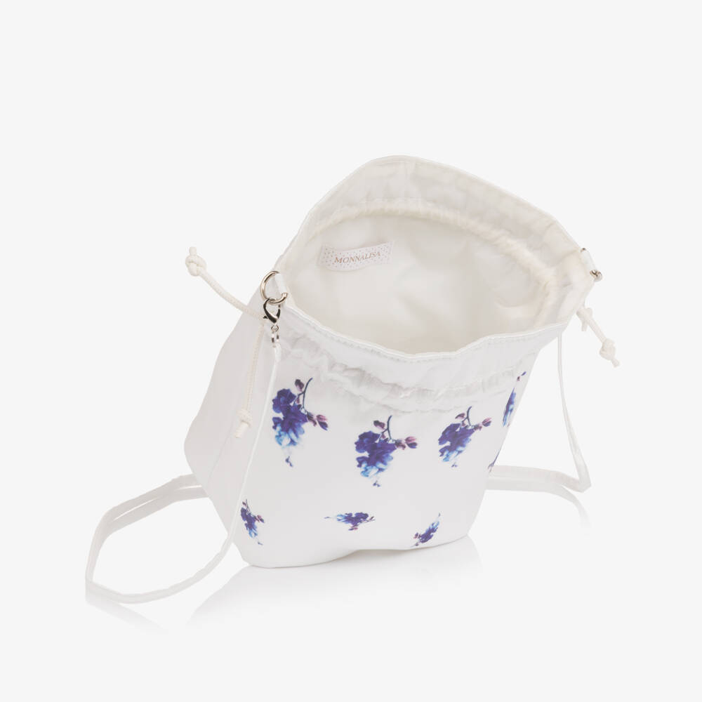 Monnalisa Шик-Girls White & Blue Floral Satin Drawstring Bag (23cm) | Childrensalon