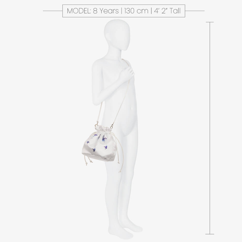Monnalisa Шик-Girls White & Blue Floral Satin Drawstring Bag (23cm) | Childrensalon