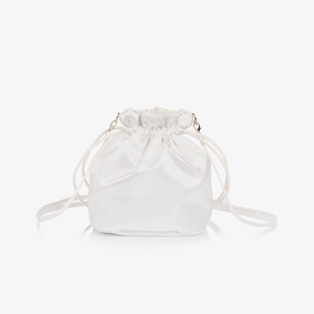 Monnalisa Шик-Girls White & Blue Floral Satin Drawstring Bag (23cm) | Childrensalon