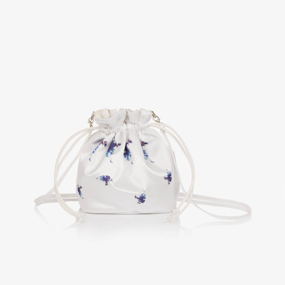 Monnalisa Шик-Girls White & Blue Floral Satin Drawstring Bag (23cm) | Childrensalon
