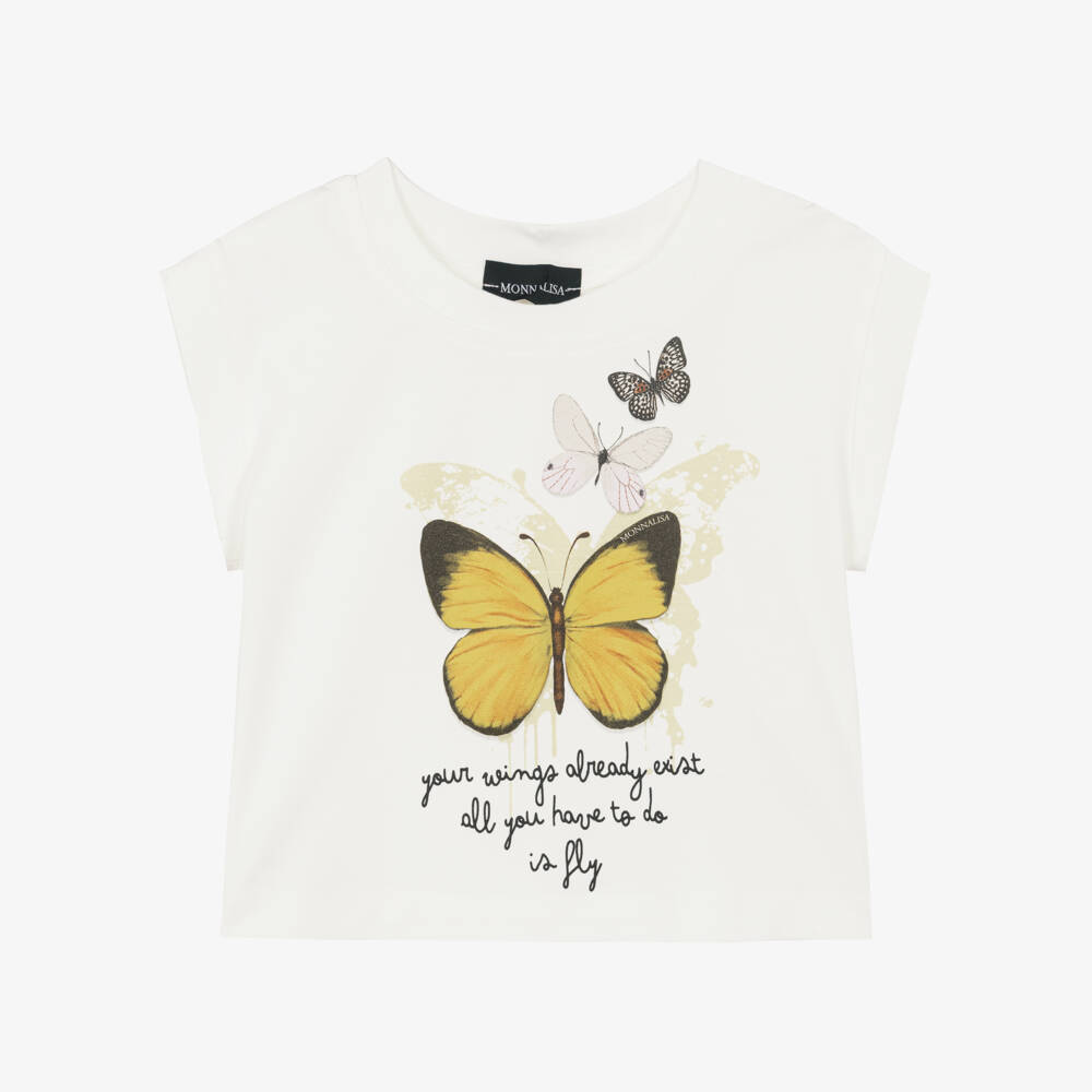 Monnalisa-Girls White Butterfly Print Sleeveless Top | Childrensalon