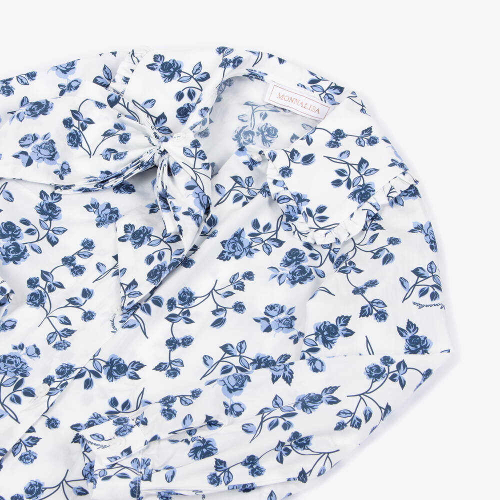 Monnalisa-Girls White Cotton Blue Floral Print Blouse | Childrensalon