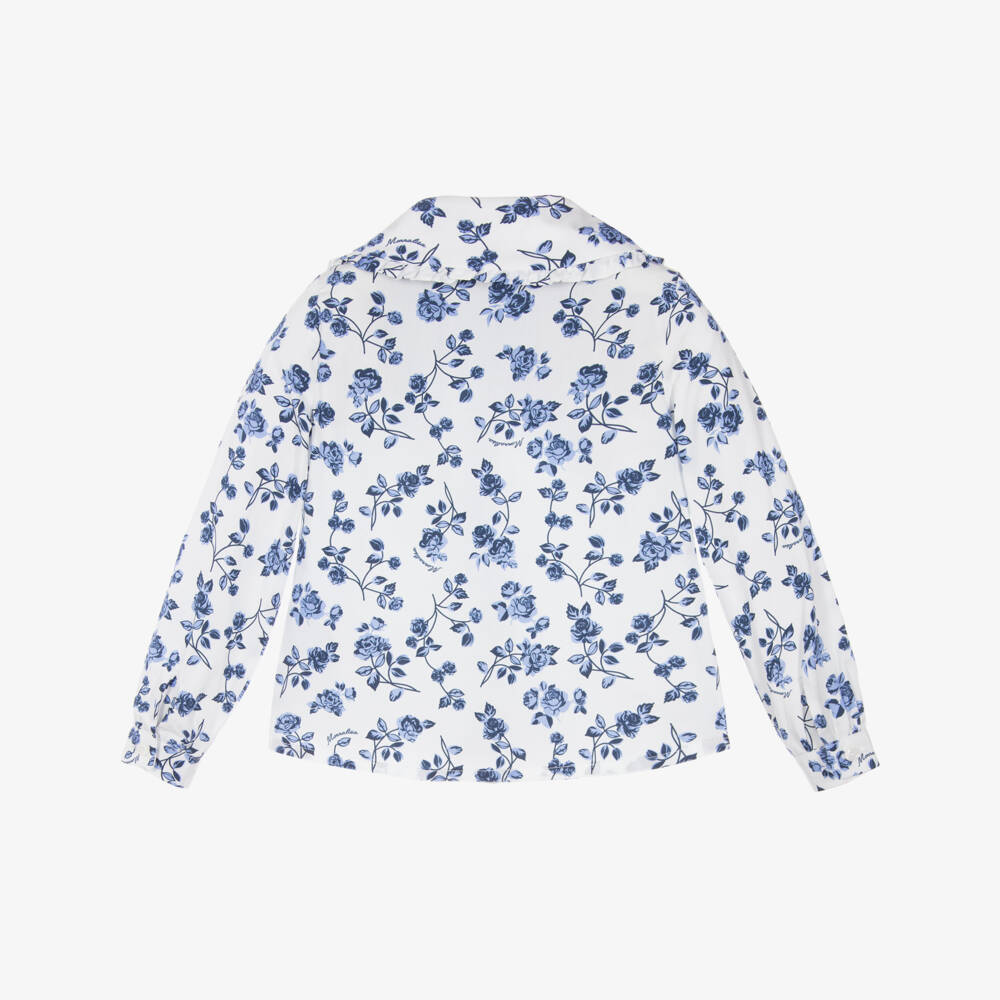 Monnalisa-Girls White Cotton Blue Floral Print Blouse | Childrensalon