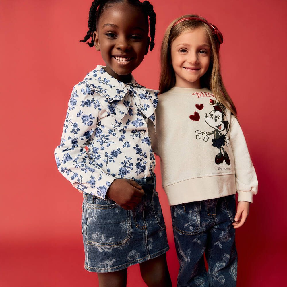Monnalisa-Girls White Cotton Blue Floral Print Blouse | Childrensalon