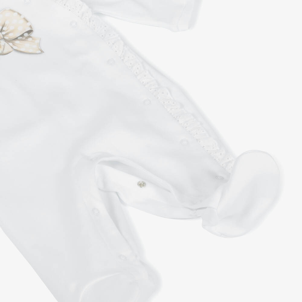Monnalisa-Girls White Cotton Bow Babygrow Set with Lace Trims | Childrensalon