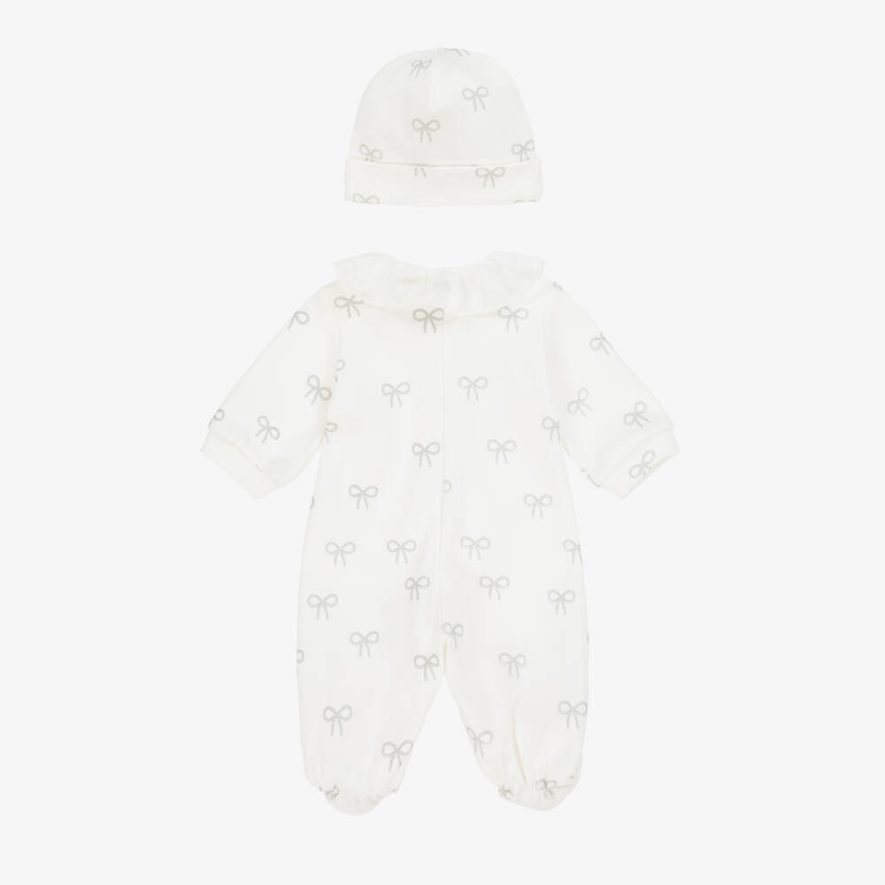 Monnalisa-Girls White Cotton Bow Print Babysuit Set | Childrensalon