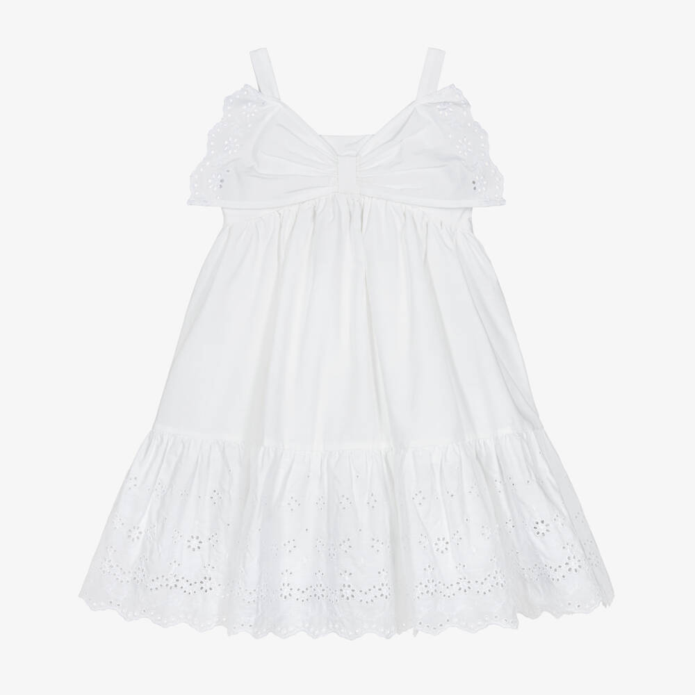 Monnalisa-Girls White Cotton Broderie Anglaise Dress | Childrensalon