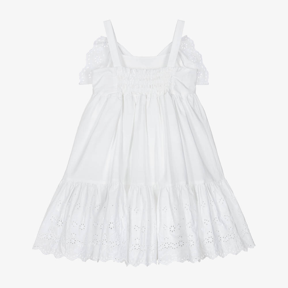 Monnalisa-Girls White Cotton Broderie Anglaise Dress | Childrensalon