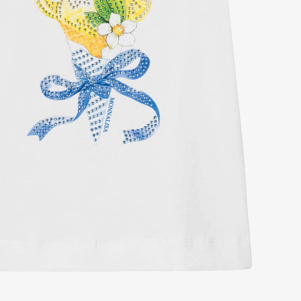 Monnalisa-تيشيرت قطن لون أبيض مزين بالكريستال للبنات | Childrensalon