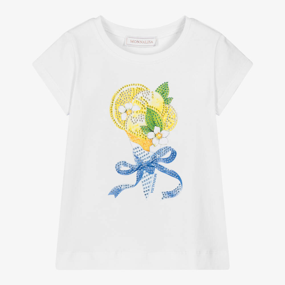 Monnalisa-Girls White Cotton Diamanté Lemon Ice Cream T-Shirt | Childrensalon